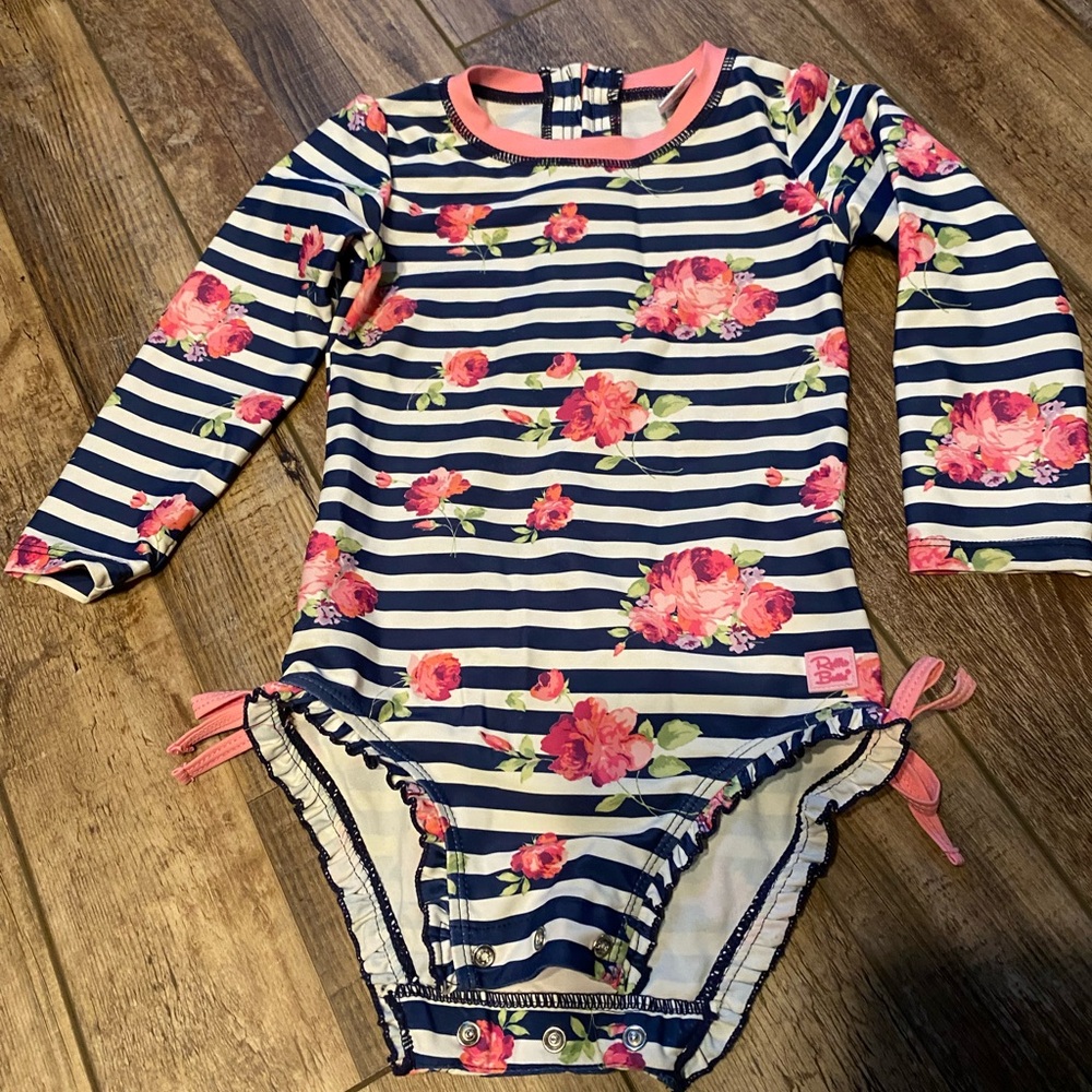 Ruffle Butts Navy and Pink Floral Striped One Piece